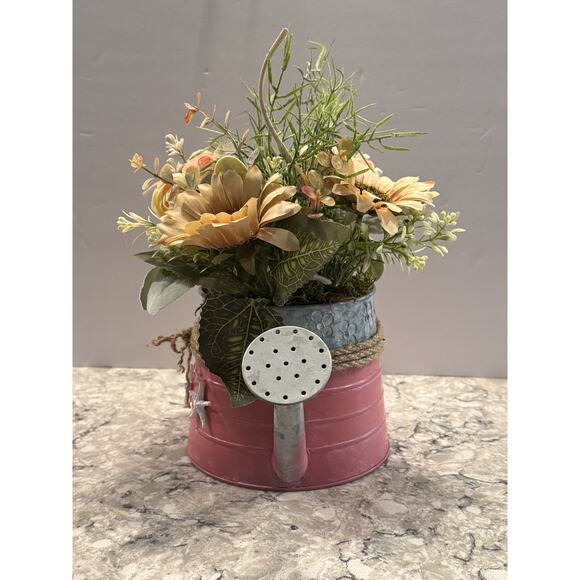Spring Floral Arrangement in Metal Watering Can - Farmhouse Beach Rustic Decor - Picture 7 of 7